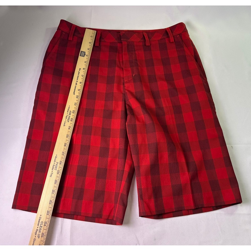 Adidas Golf Shorts Men 34 Red Black Buffalo Check Plaid Performance Stretch Flat - Picture 8 of 11